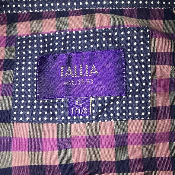 Tallia Button Up Shirt Flip Cuffs Mens  XL 17 1/2 Purple Blue Plaid Long Sleeve - Picture 2 of 6